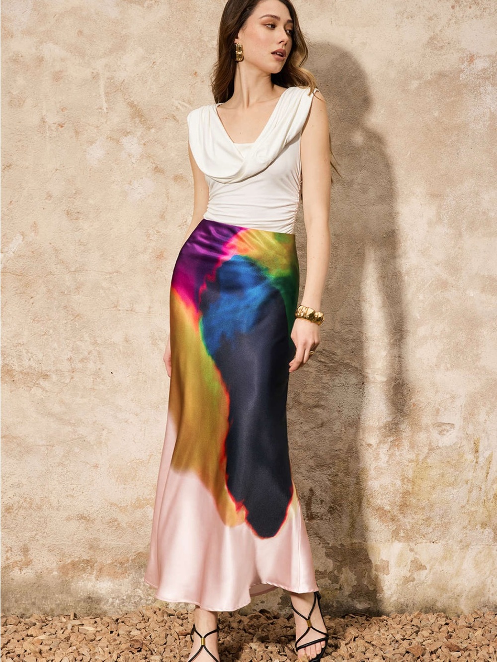Abstract Multicolor Satin Maxi Skirt & Top Set